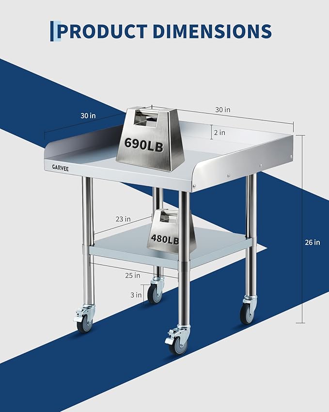 Garvee Stainless Steel Work Table, 30x30x26 Inch Commercial Food Prep Worktable with Wheels, Detachable 3-Sided Backsplash & Height-Adjustable Shelf, Heavy Duty Workbench for Kitchen Restaurant Garage