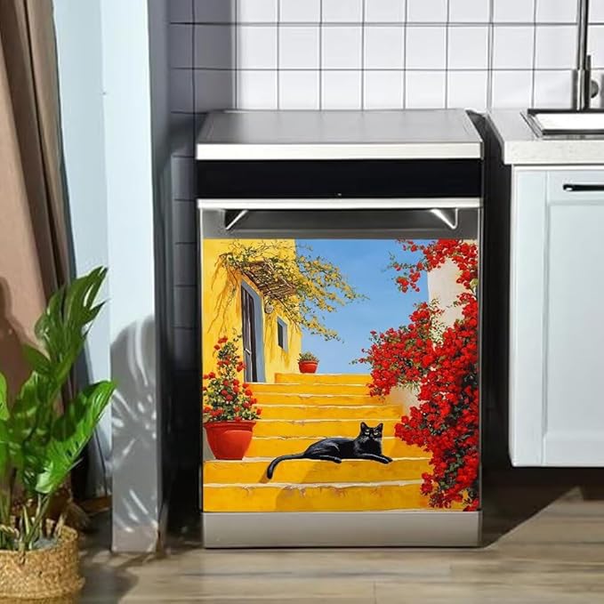 Black Cat Dishwasher Magnet Cover, Mediterranean Yellow Stairs Refrigerator Magnetic Vinyl Sticker for Dishwasher Door, Flowers Decorative Kitchen Appliance Panel Decal, 23Wx26H Inches