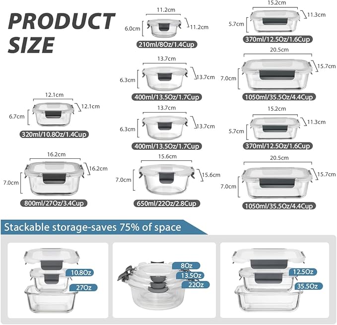 GENICOOK GC [10-Pack] Glass Meal Prep Containers with Lids, Food Storage Containers with Snap Locking Lids, Airtight Lunch Containers, Microwave, Oven, Freezer and Dishwasher