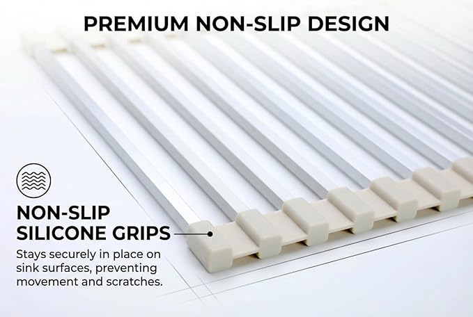 Aluminum Roll Up Dish Drying Rack Over Sink - Supports up to 55 lbs | Heavy Duty Square Bar | Rust-Free Anodized & Heat Resistant Cooling Rack with Removable Dish Holder (Beige, Large)