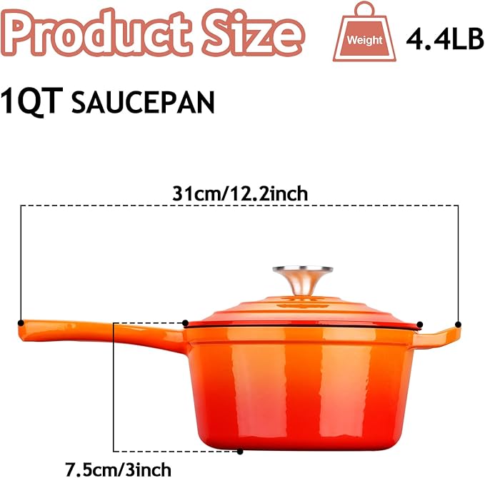 TeamFar Enameled Cast Iron Sauce Pan, 1QT Small Sauce Pot with Lid, Mini Dutch Oven Saucepan for Cooking/Simmering/Baking/Boiling, Sturdy & Nonstick, Oven Safe & Fit for Induction- Orange