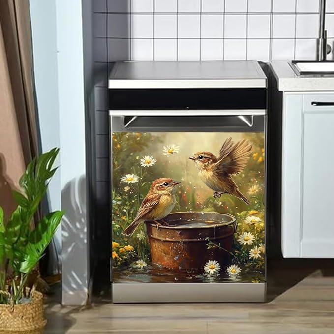 Dishwasher Magnet Cover, Bird and Daisy Garden Scene Refrigerator Magnetic Vinyl Sticker for Dishwasher Door, Rustic Country Decorative Kitchen Appliance Panel Decal, 23Wx26H Inches