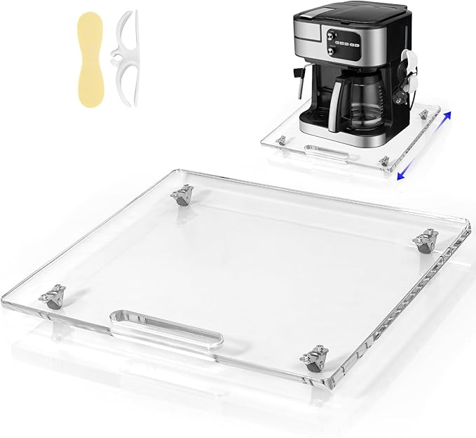 Acrylic Appliance Slider with Rubber Wheels, Sliding Tray for Heavy Kitchen Appliances, Coffee Maker Slider Tray for Counter, Countertop Moving Tray Accessories for Kitchen - 13" x 14" (Clear)