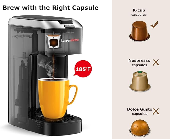 Bonsenkitchen Single Serve Coffee Maker K Cup Pod with 6-14oz Brew Size- 3 Min Fast Brewing Machine with Strength Control, BPA-free Materials, Fits 6.6" Travel Mugs, Silver, Upgrade