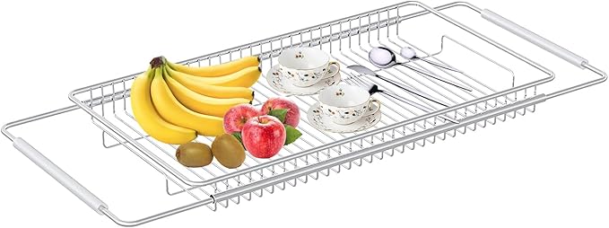 Expandable Over The Sink Dish Drainer Drying Rack, Stainless Steel Metal, Small Adjustable Dish Drainer Drying Rack for Kitchen Counter, Space Saving for Compact Kitchen
