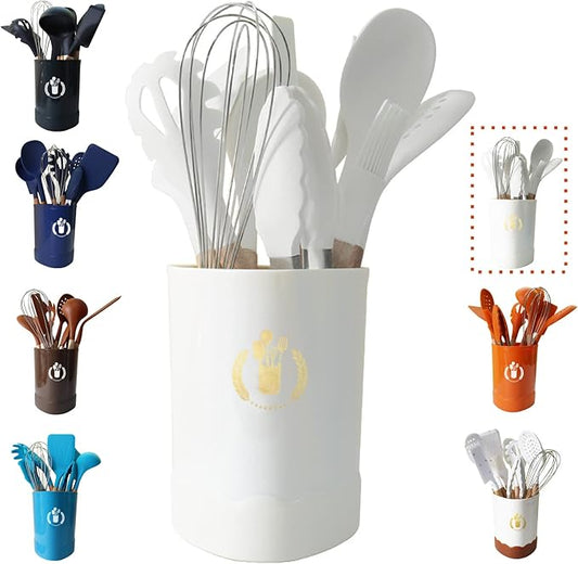White Silicone Kitchen Cooking Utensils Set, Heat Resistant Silicone Kitchen Gadgets Utensils Set with Wooden Handle,Silicone Spoons Spatula Whisk with Holder for Nonstick Cookware