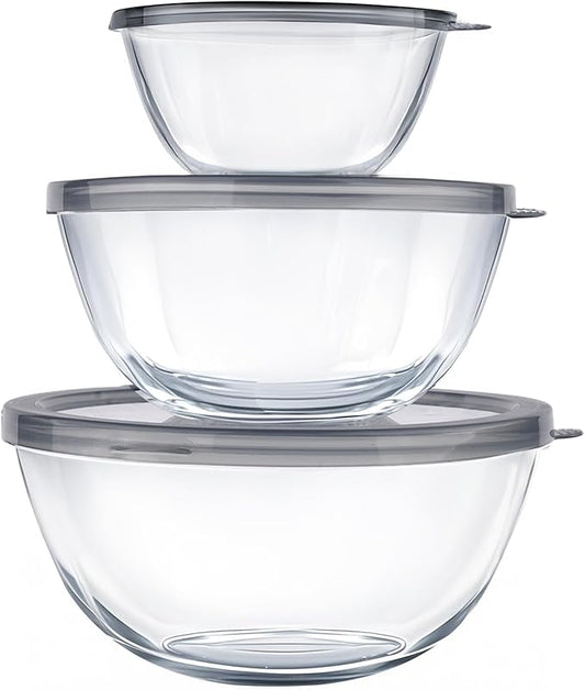 Glass Mixing Bowls with Lids Set(4.5QT, 2.7QT, 1.1QT),Glass Bowls with Lids Large Mixing Bowl Salad Bowls Space-Saving Nesting bowls Serving bowls Storage Container for Cooking,Baking,Prepping