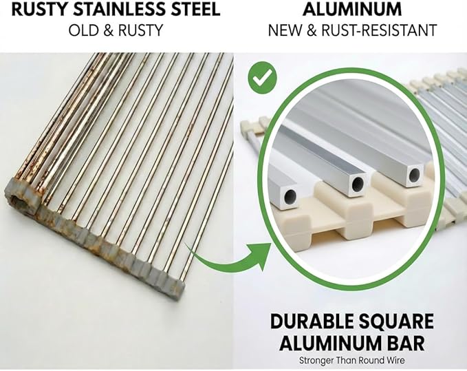 Roll Up Dish Drying Rack Over Sink, Square Aluminum Bar, Rust Resistant Anodized Frame, Removable Dish Holder, Space Saving for Small Kitchen & Apartment (Beige, Small)