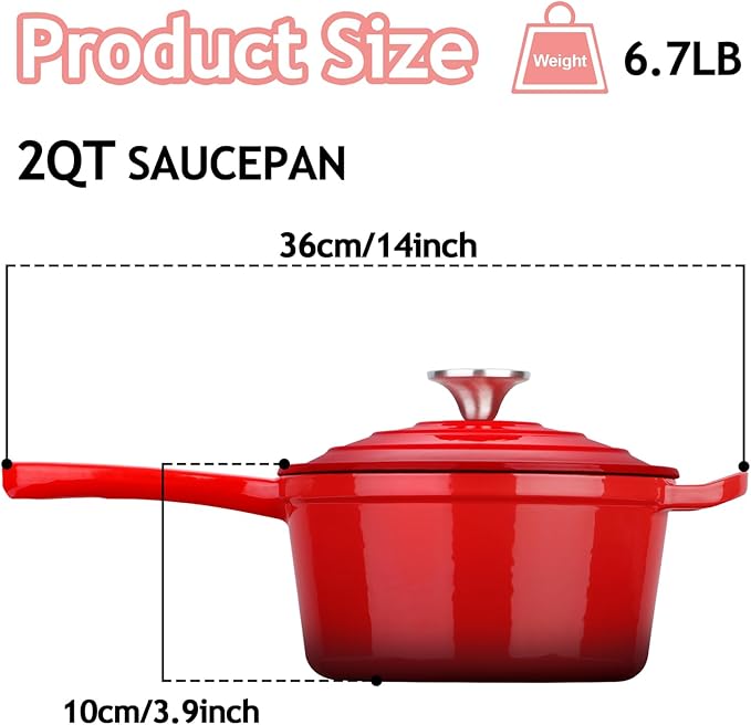 TeamFar 2QT Enameled Cast Iron Sauce Pan, Small Sauce Pot with Lid, Mini Dutch Oven Saucepan for Cooking/Simmering/Baking/Boiling, Sturdy & Nonstick, Oven Safe & Fit for Induction-Red
