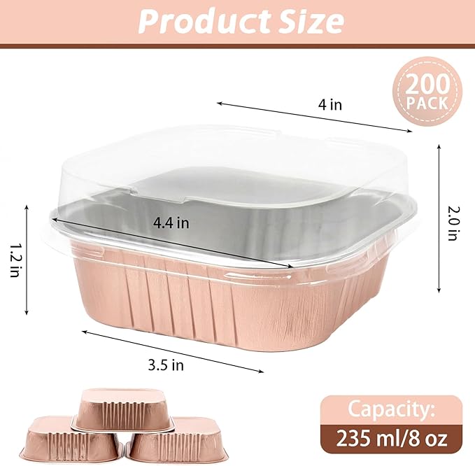 200 Pack 8 oz Champagne Square Mini Cake Pans with Lids, Aluminum Foil Square Brownie Baking Cups for Ramekins Muffin Cupcake Wedding Birthday Party