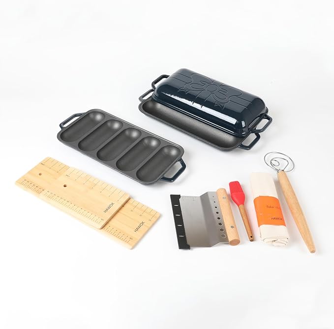 HAWOK Enameled Cast lron Baguette Bread Baker, 3-in-1 Baking Set with Full Baguette Tray, 5-Slot Mini Roll Tray & Reversible Lid Pan, 15 x 6.7 inch, Navy Blue