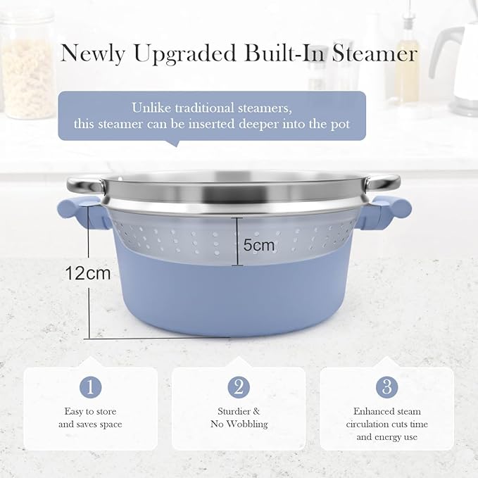 6-Quart Steamer Pot for Cooking, Steam Pots with Basket, Nonstick Stock Pot with Vegetable Steamer, Non Stick Soup Pot with Lid, Stay-Cool Handles, Induction Compatible, PFOA PFOS Free, Blue