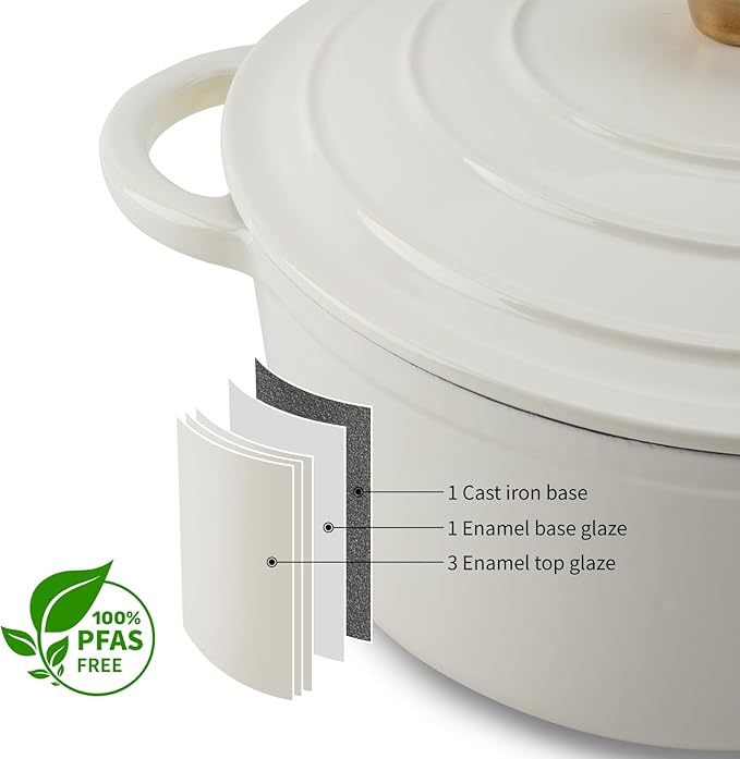 5.5QT Enameled Cast Iron Dutch Oven Pot with Lid,Heavy-Duty Cookware for Sourdough Bread Baking,Braising,Stews,Roasting,Oven Safe up to 500°F,cream