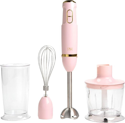 Paris Hilton Hand Blender Set, 2-in-1 Immersion Stick Blender with Whisk & Blending Shaft, 400W High Speed, Pink with Gold Accents – Smoothies, Soups, Sauces, Baby Food, Whipped Cream, Pink