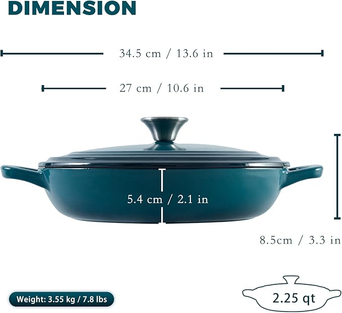 Braiser Enameled Cast Iron Braiser 2.25 qt Braiser Pan with Lid DarkCyan Shallow Cast Iron Casserole Braiser Pan with Handels