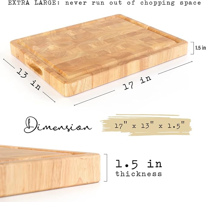 Wooden Butcher Block End Grain Cutting Board - 17x13x1.5in Reversible Multipurpose Chopping Board with Juice Groove, Cracker Holder & Inner Handles