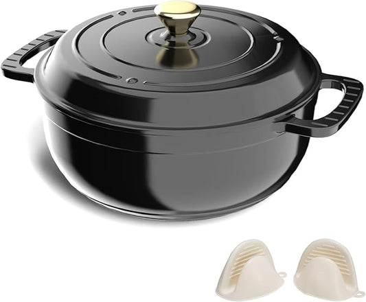 ROVSUN Enameled Cast Iron Round Dutch Oven, 6QT Pot with Lid &Dual Handles with Silicone Gloves,Oven Safe up to 500°F, Heavy-Duty Pre-Seasoned Cookware for Bread Baking, Braising, Stews, Roasting, Black