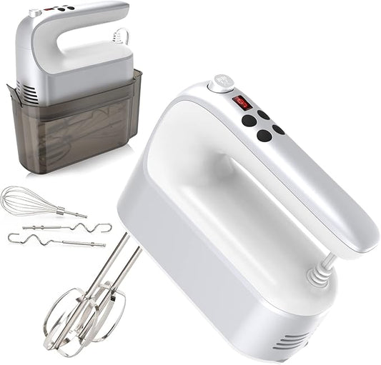 9-Speed Digital Hand Mixer Electric, 400W Powerful DC Motor, Hand Mixer Electric Handheld with Snap-On Storage Case, 5 Stainless Steel Accessories, Beaters, Dough Hooks, Whisk(Silvery White)