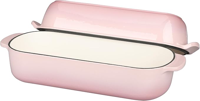 Enameled Cast Iron Loaf Pan with Lid, Bread pan, Dutch Oven Bread pan for Homemade Sourdough Bread Baking, 12.5x5.5 inch, 5qt, Pink