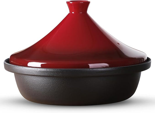 Moroccan Tagine for Cooking: Enameled Cast Iron Cooking Pot, Slow Cooker, Classic Kitchen Cookware, Tajine with Ceramic Cone-Shaped Closed Lid, 3.3 QT, Red