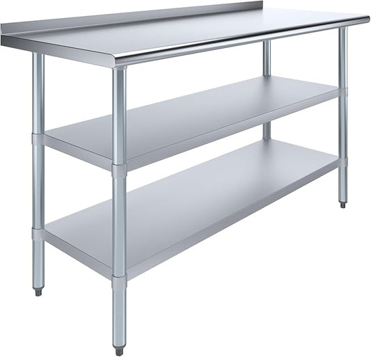 AmGood Stainless Steel Work Table with 1.5" Backsplash and 2 Shelves | NSF (60" Long x 24" Deep)
