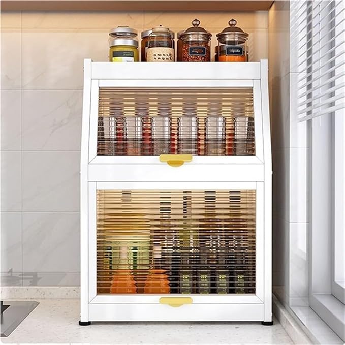 Modern Countertop Storage Cabinet with Acrylic Doors, Multi-Layer Metal Spice Organizer Rack with Knife Holder, Utensil Cage, Hooks, Compact Kitchen Dish Cabinet(White,12.2 X 8.5IN X 22.4IN)