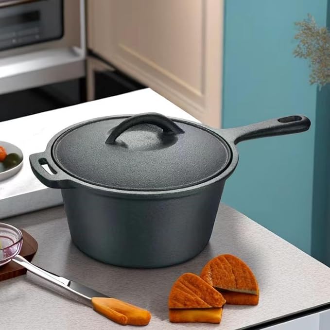 2 Quart Cast Iron Sauce Pan with Lid, Handle and Handlesleeve Small Cast Iron Pot Kitchen Cookware for All Cooktops Making Pasta Sauce, Soup, Milk