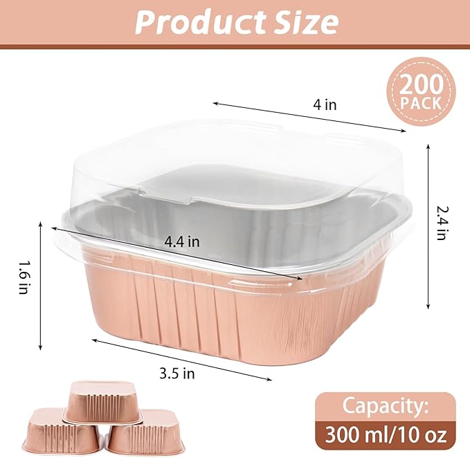 200 Pack 10 oz Square Mini Cake Pans with Lids, Disposable Aluminum Foil Baking Cups, Mini Ramekins for Brownies, Cupcakes, Cheesecake, Individual Desserts, Christmas Parties & Catering
