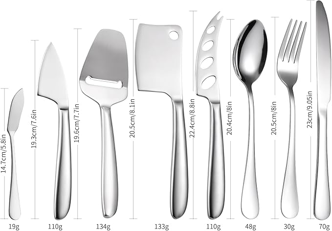 Modern Cheese Knives Silverware Set 8 Pieces include Dinning Knife Fork Spoon Stainless Steel Cooking Utensils Kitchen Gadget Tool Multifunctional Durable for Daily Use and Parties