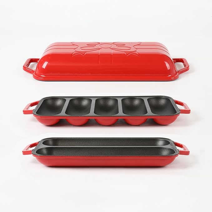 HAWOK Enameled Cast lron Baguette Bread Baker, 3-in-1 Baking Set with Full Baguette Tray, 5-Slot Mini Roll Tray & Reversible Lid Pan, 15 x 6.7 inch, Red
