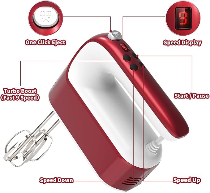 9-Speed Digital Hand Mixer Electric, 400W Powerful DC Motor, Hand Mixer Electric Handheld with Snap-On Storage Case, 5 Stainless Steel Accessories, Beaters, Dough Hooks, Whisk(Red/White)
