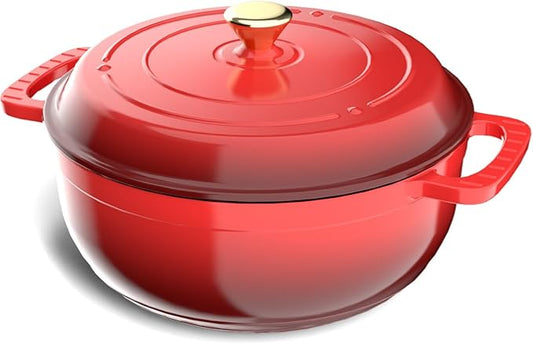 ROVSUN Enameled Cast Iron Round Dutch Oven, 7.5QT Pot with Lid &Dual Handles with Silicone Gloves,Oven Safe up to 500°F, Heavy-Duty Pre-Seasoned Cookware for Bread Baking, Braising, Stews, Roasting,Red