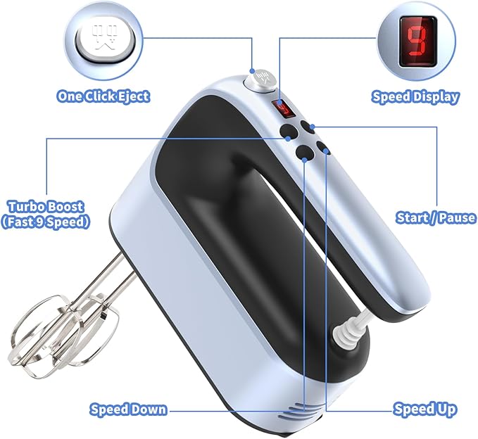9-Speed Digital Hand Mixer Electric, 400W Powerful DC Motor, Hand Mixer Electric Handheld with Snap-On Storage Case, 5 Stainless Steel Accessories, Beaters, Dough Hooks, Whisk(Ocean Blue)