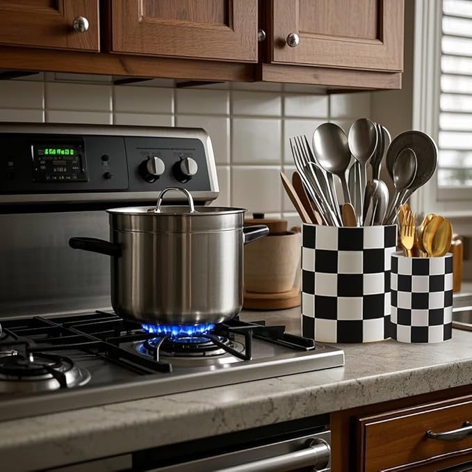 Checkered Utensil Holder, 7.1"+5.8" Inch Ceramic Spatula Holder, Black Cooking Kitchen Utensil Holder for Countertop, Kitchen Decor and Accessories for Counte