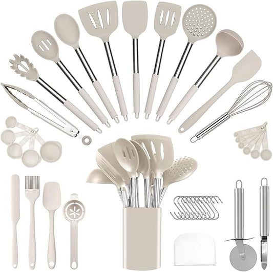 Silicone Cooking Utensils Set Utensil: 40 Pcs Black Stainless Steel Cookware Set, Nonstick Silicone Cooking Utensils Set, (Khaki)