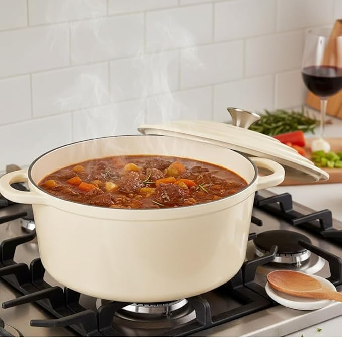 Hamilton Beach 3-Quart Enameled Cast Iron Dutch Oven Pot with Lid, Cream