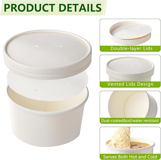 50-Pack 16oz White Paper Ice Cream Cups with Vented Lids, Paper Soup Containers with lids, Disposable Dessert Bowls for Hot or Cold Food Party Supplies, Restaurants & Takeout