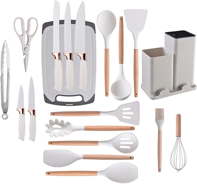 19 Pieces Kitchen Utensils and Knife Set with Block, Inldued 9 Pieces Silicone Cooking Utensils Set 5 Pieces Sharp Stainless Steel Chef Knives Scissors Whisk Tongs and Cutting Board (BEIGE)