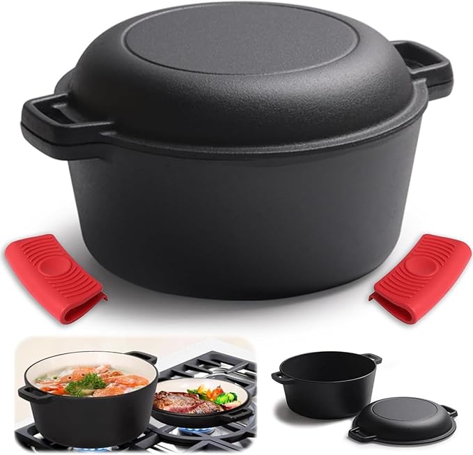 5QT Cast Iron Dutch Oven with Lid and with Double Handle for Bread Baking,Cast Iron Skillet Cooking Pan Heat Resistant,Non-Stick, Includes Bread Baking Supplies and Cleaning Brush.