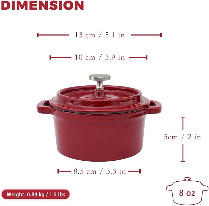 Mini Cocotte 8 oz Mini Dutch Oven 0.25 qt. Cast Iron Garlic Roaster for Oven Garlic Confit Pot Ramekins with Lids Oven Safe Set of 2, Red
