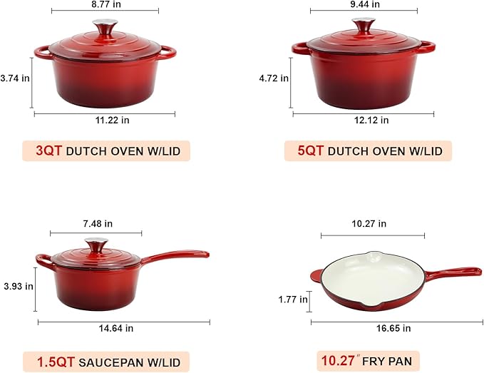 DVK Enameled Cast Iron Cookware Set 7 Piece Dutch Ovens Non-Stick, Durable Versatile Cast Iron Cookware for Family Baking Cooking Enthusiasts