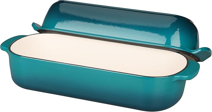 Enameled Cast Iron Loaf Pan with Lid, Bread pan, Dutch Oven Bread pan for Homemade Sourdough Bread Baking, 12.5x5.5 inch, 5qt, Darkcyan