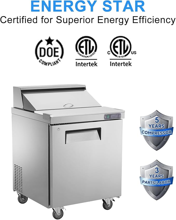 JINSONG 28" Refrigerator Sandwich & Salad Prep Table, Stainless Steel Refrigerated Food Prep Station, 7.4 cu. ft with Cutting Board and 12 Pans for Restaurants, Bar, Shops, etc
