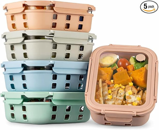 GENICOOK 4.4 Cup Glass Food Storage Containers, 5-Pack – Airtight Meal Prep Containers with Non-Slip Silicone Sleeve & Glass Lids, BPA-Free, Leakproof, Stackable
