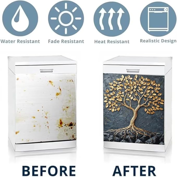 Tree of Life Dishwasher Magnet Cover, Farm Tree Refrigerator Magnetic Vinyl Sticker for Dishwasher Door, Gold and Black Decorative Kitchen Appliance Panel Decal, 23Wx26H Inches