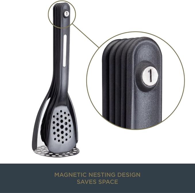 KitchenCraft MasterClass Smart Space Nesting Magnetic Kitchen Utensil Set, Silicone, Black, 9 x 9 x 30 cm, Pack of 5