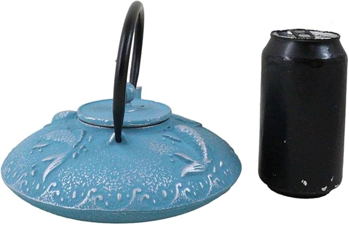 Ebros Gift Traditional Oriental Tetsubin Cast Iron Teapot With Enameled Interior 27oz Asian Japanese Chinese Fusion Housewarming Tea Pot Accent (Turquoise Blue Auspicious Koi Fishes)