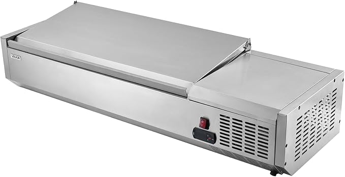 VEVOR Refrigerated Condiment Prep Station, 130 W Countertop Refrigerated Condiment Station, with Two 1/3 Pans & Four 1/6 Pans, 304 Stainless Body and PC Lid, Sandwich Prep Table with Stainless Guard