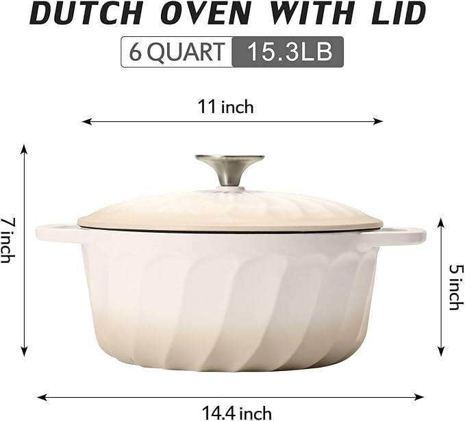 Enameled Cast Iron Dutch Oven with Lid, 6 QT Cast Iron Dutch Oven Pot, Dual Handles for Bread Baking, Cook, Bake, Oven Safe across All Cooktops (White,6 QT)