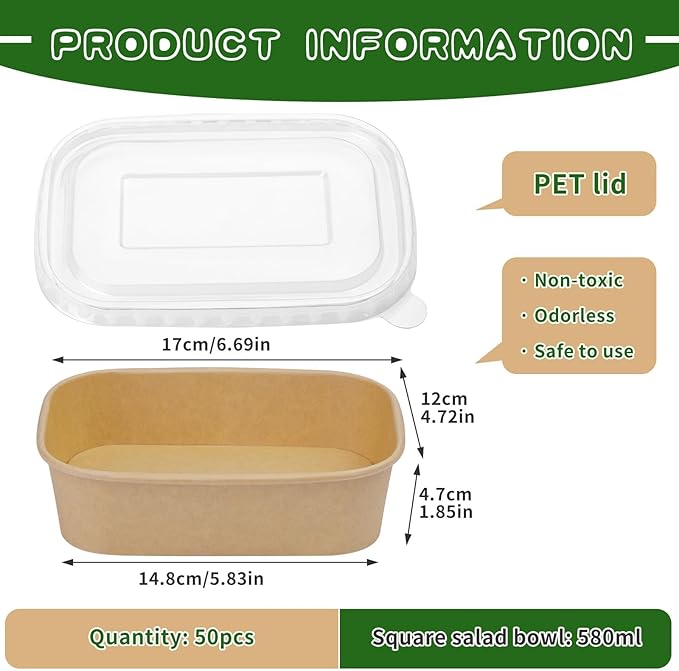 50 Pack 19 oz Paper Bowls, Disposable Food Containers with Lids, Rectangular Disposable Bowls, Disposable Salad Bowls with Lids for Diet Salad, Ice Cream, Yogurt, Party Food